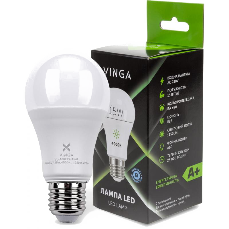 Лампа світлодіодна Vinga A60, 15Вт, E27, 4000К (VL-A60E27-154L)